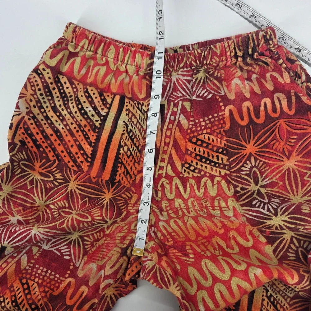 Vintage Chico's Linen Pants Size 1 Red Orange Abstract Boho Art Wide Leg